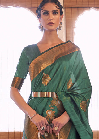 Bottle Green Copper Zari Woven Tussar Silk Saree Clothsvilla