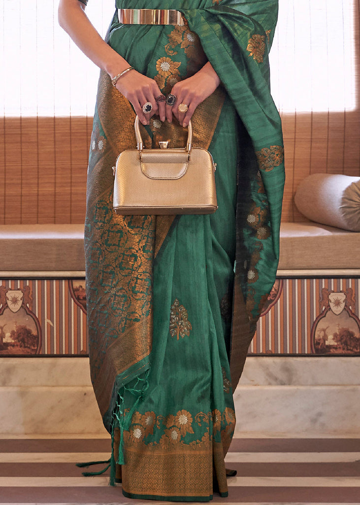 Bottle Green Copper Zari Woven Tussar Silk Saree Clothsvilla