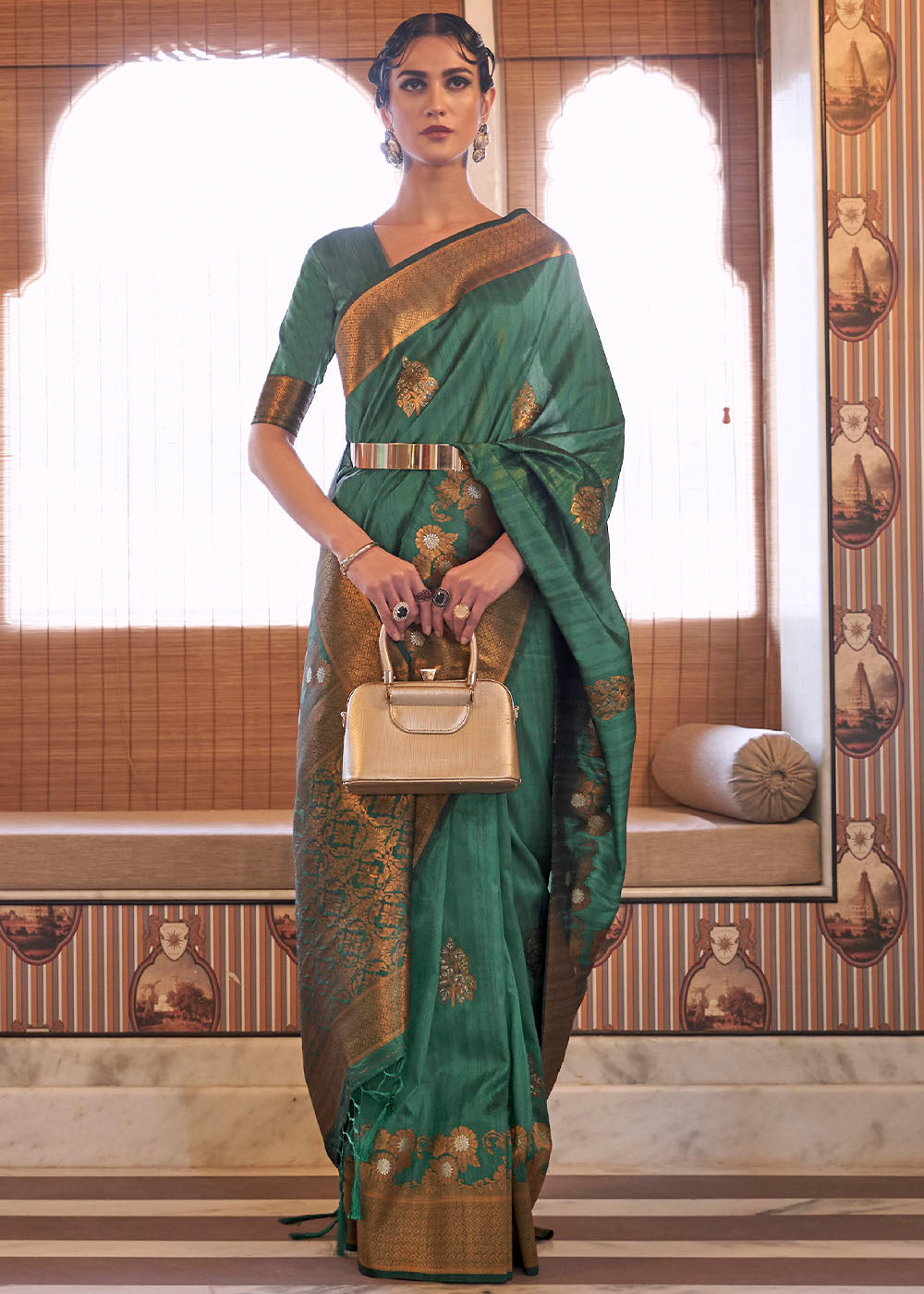 Bottle Green Copper Zari Woven Tussar Silk Saree Clothsvilla Main image