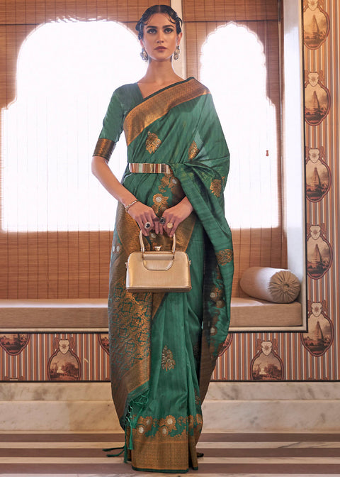 Bottle Green Copper Zari Woven Tussar Silk Saree Clothsvilla Main image