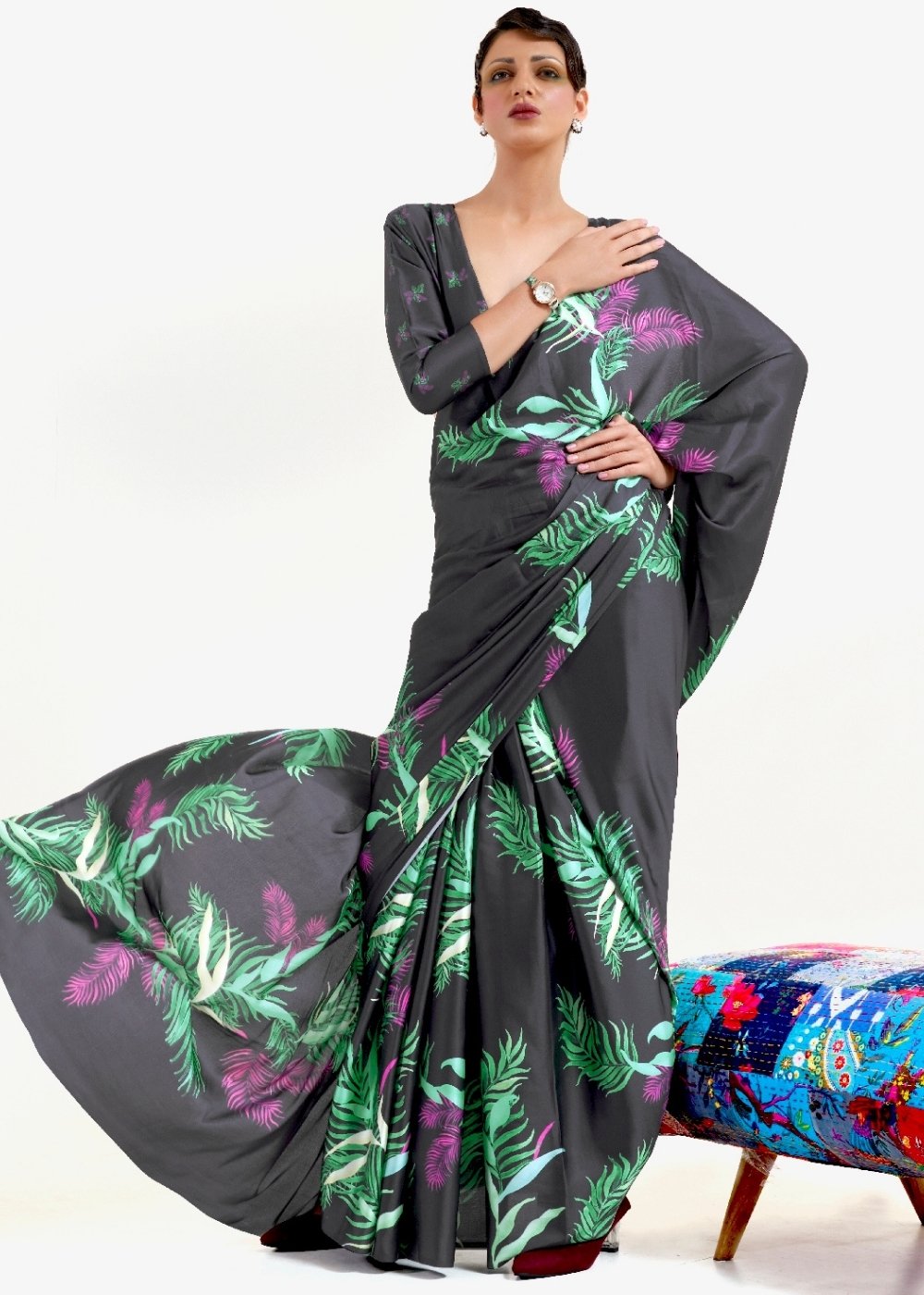 Ebony Black Digital Printed Satin Crepe Saree Secondary image
