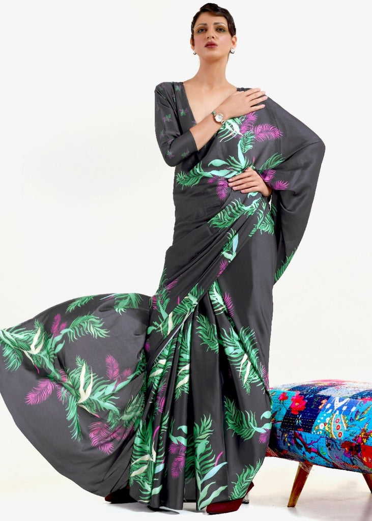 Ebony Black Digital Printed Satin Crepe Saree Clothsvilla