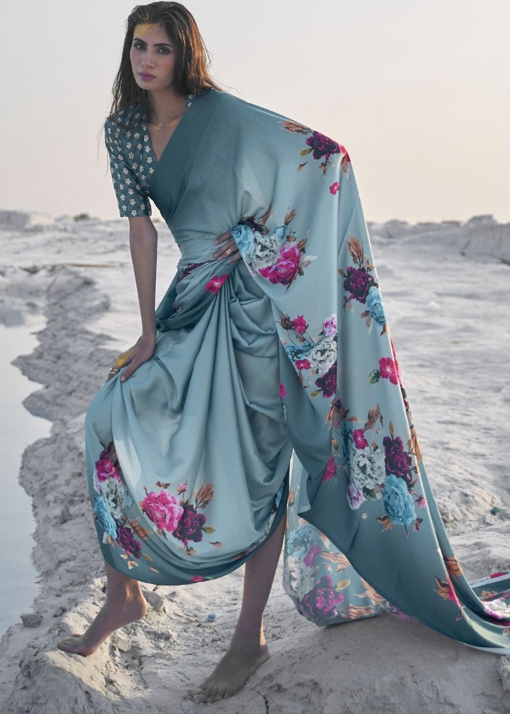 Turkish Blue Digital Printed Crepe Silk Saree Clothsvilla
