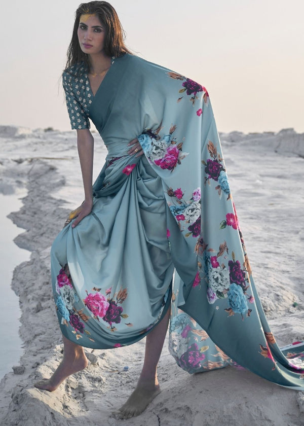 Turkish Blue Digital Printed Crepe Silk Saree Clothsvilla