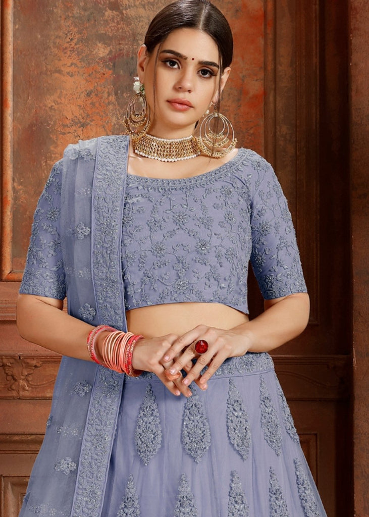 Steel Blue Soft Net Lehenga Choli with Thread, Zarkan & Pearl work Clothsvilla