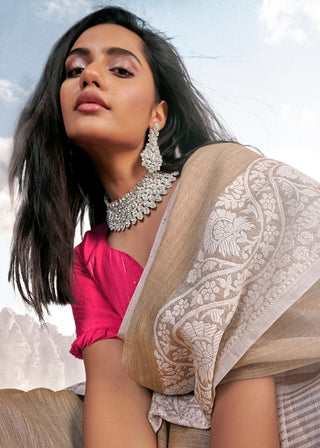 Umber Brown Soft Linen Silk Saree with Lucknowi work and Sequence Blouse Clothsvilla