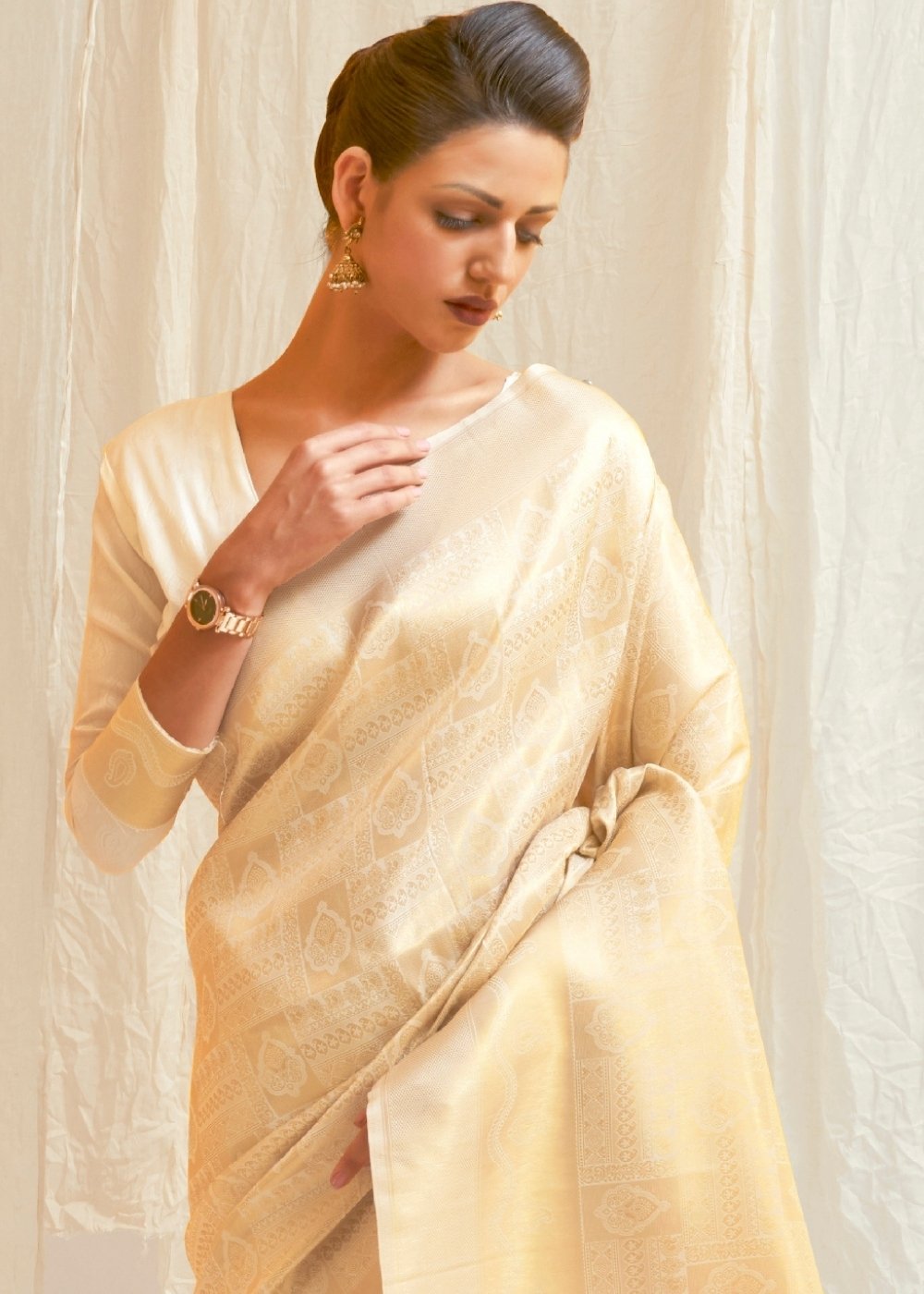 Cream White & Golden Blend Kanjivaram Silk Saree Secondary image