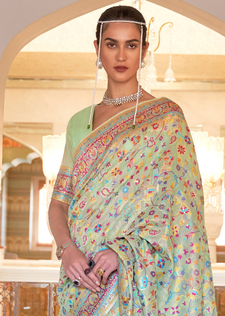 Celadon Green Banarasi Jamawar Woven Silk Saree Clothsvilla