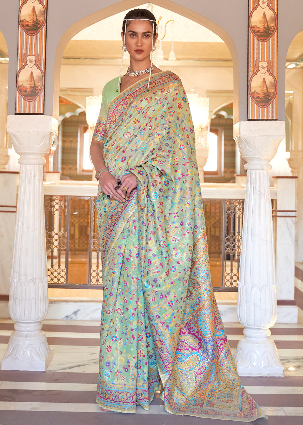 Celadon Green Banarasi Jamawar Woven Silk Saree Clothsvilla Main image