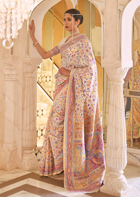 Ivory White Banarasi Jamawar Woven Silk Saree Clothsvilla Main image