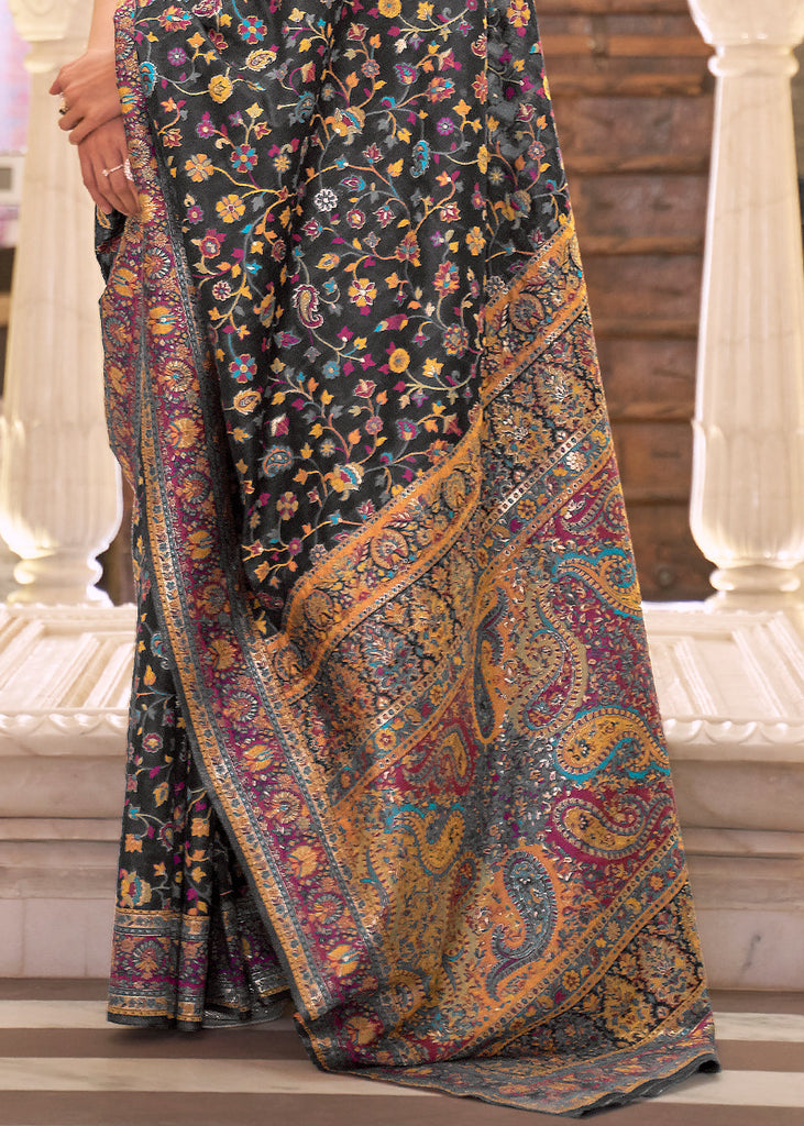 Sable Black Banarasi Jamawar Woven Silk Saree Clothsvilla