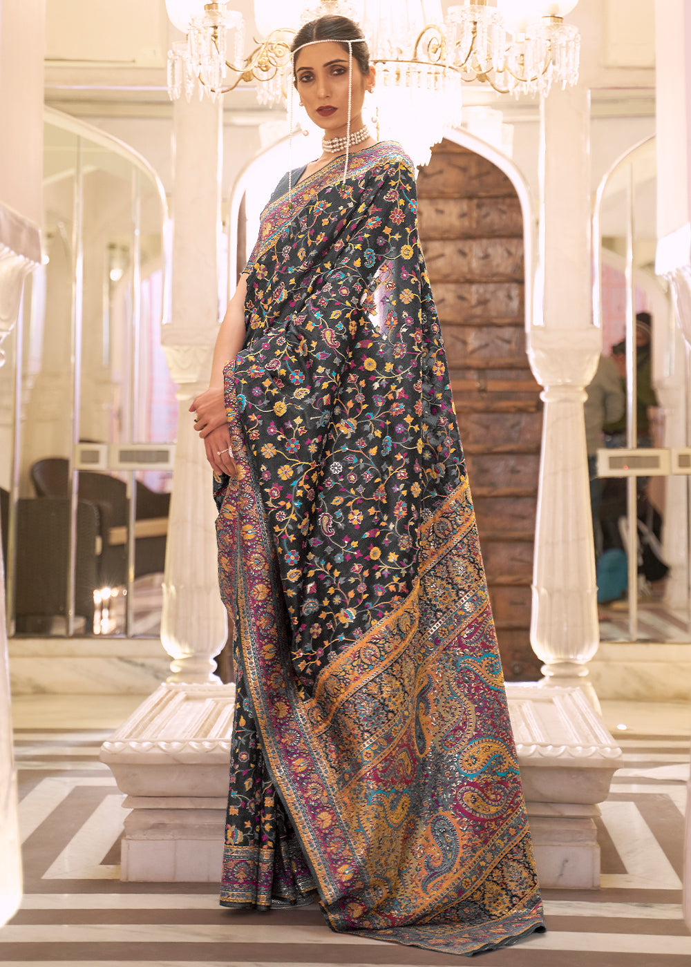 Sable Black Banarasi Jamawar Woven Silk Saree Clothsvilla Main image