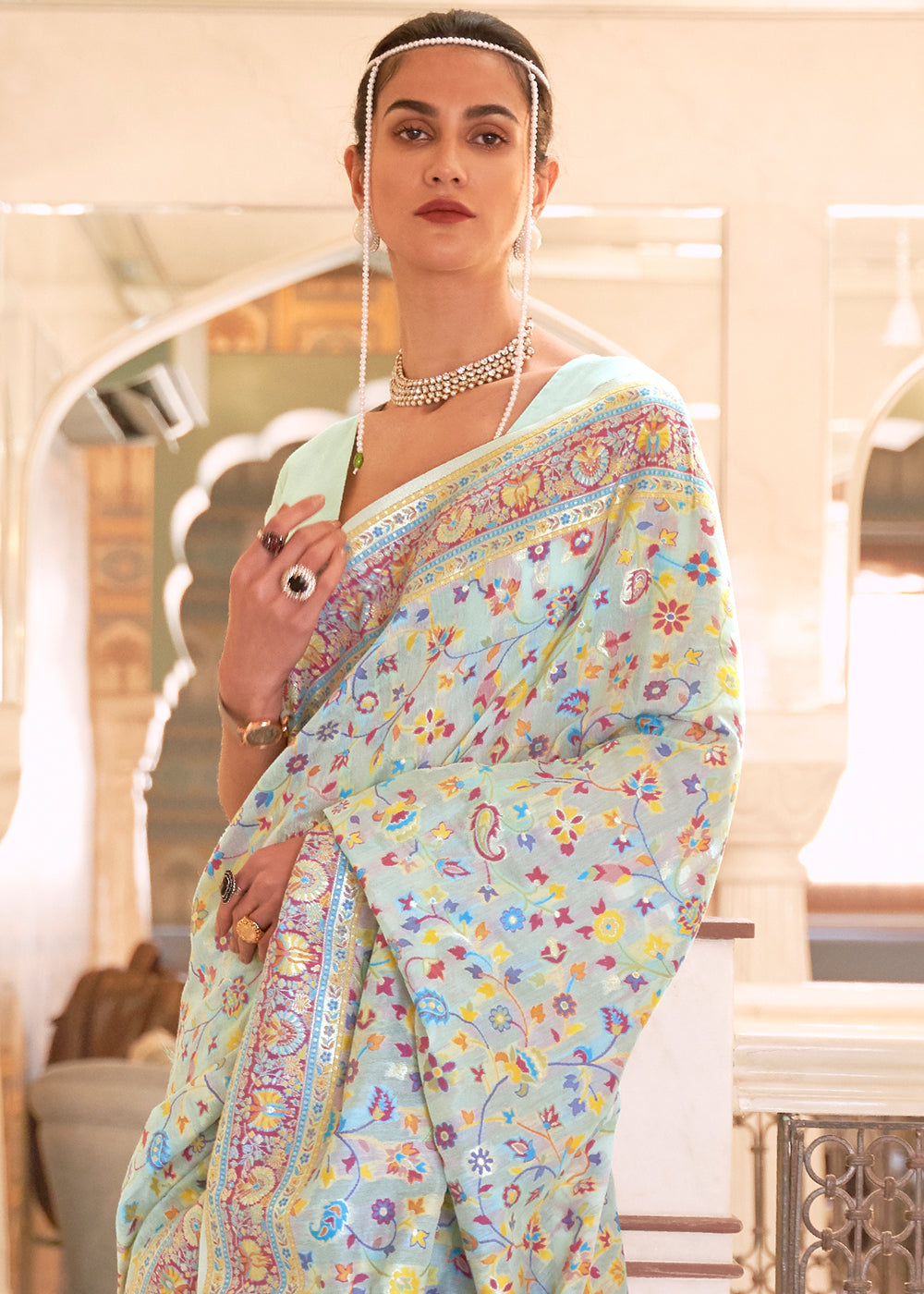 Powder Blue Banarasi Jamawar Woven Silk Saree Clothsvilla
