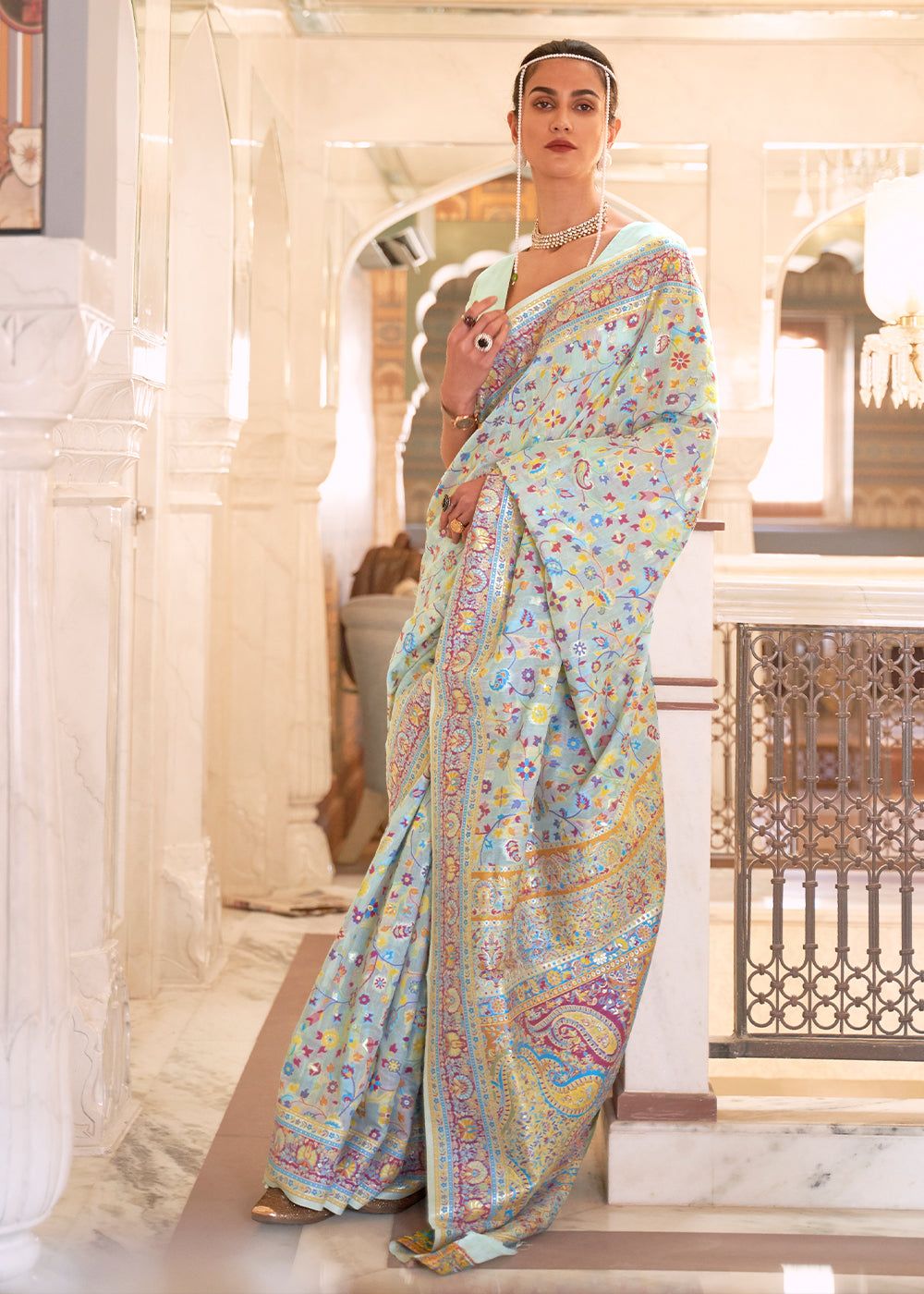 Powder Blue Banarasi Jamawar Woven Silk Saree Clothsvilla Main image