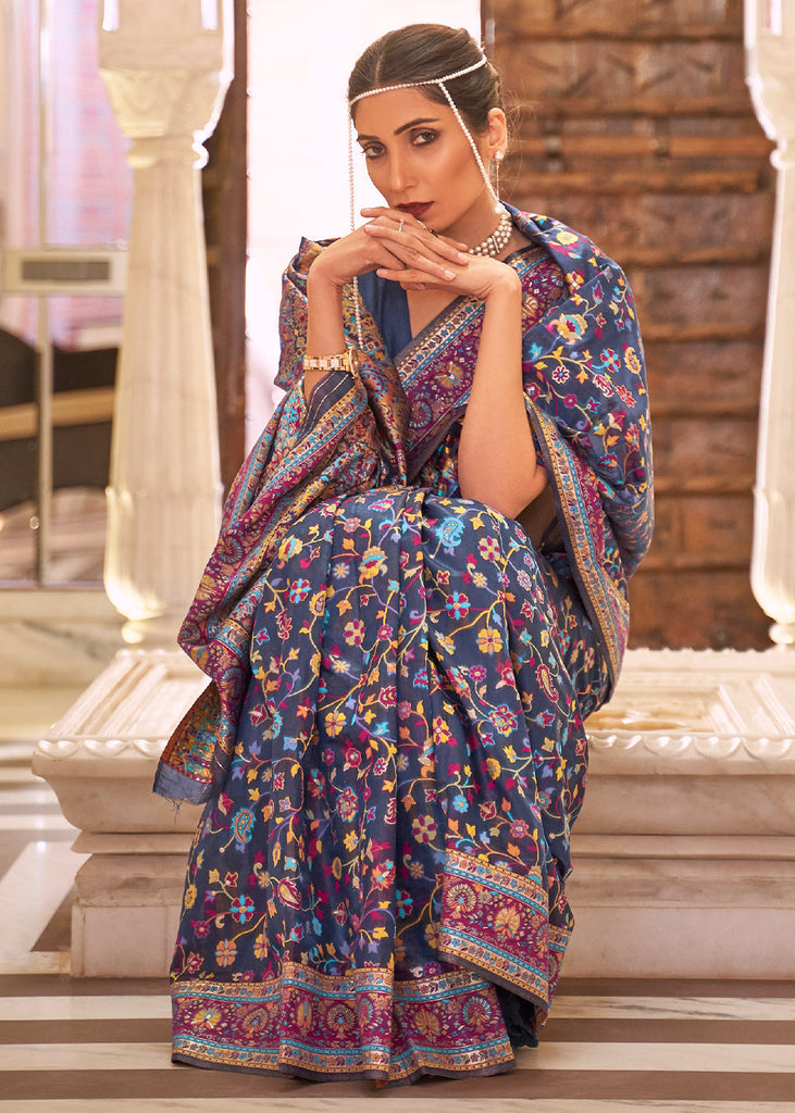 Navy Blue Banarasi Jamawar Woven Silk Saree Clothsvilla