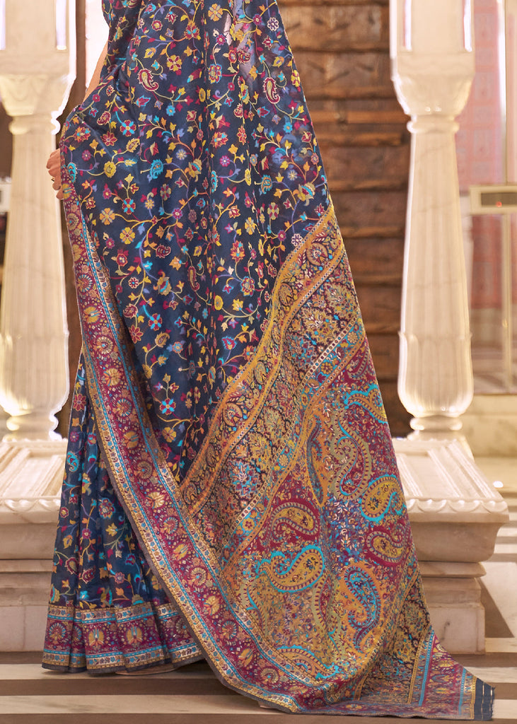 Navy Blue Banarasi Jamawar Woven Silk Saree Clothsvilla