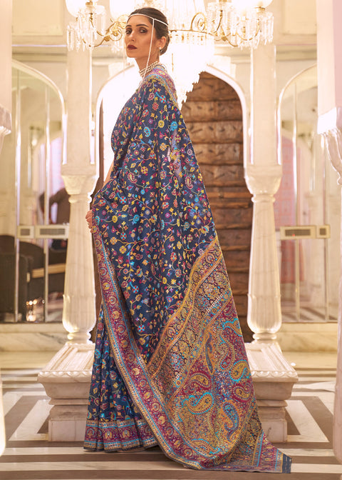 Navy Blue Banarasi Jamawar Woven Silk Saree Clothsvilla Main image