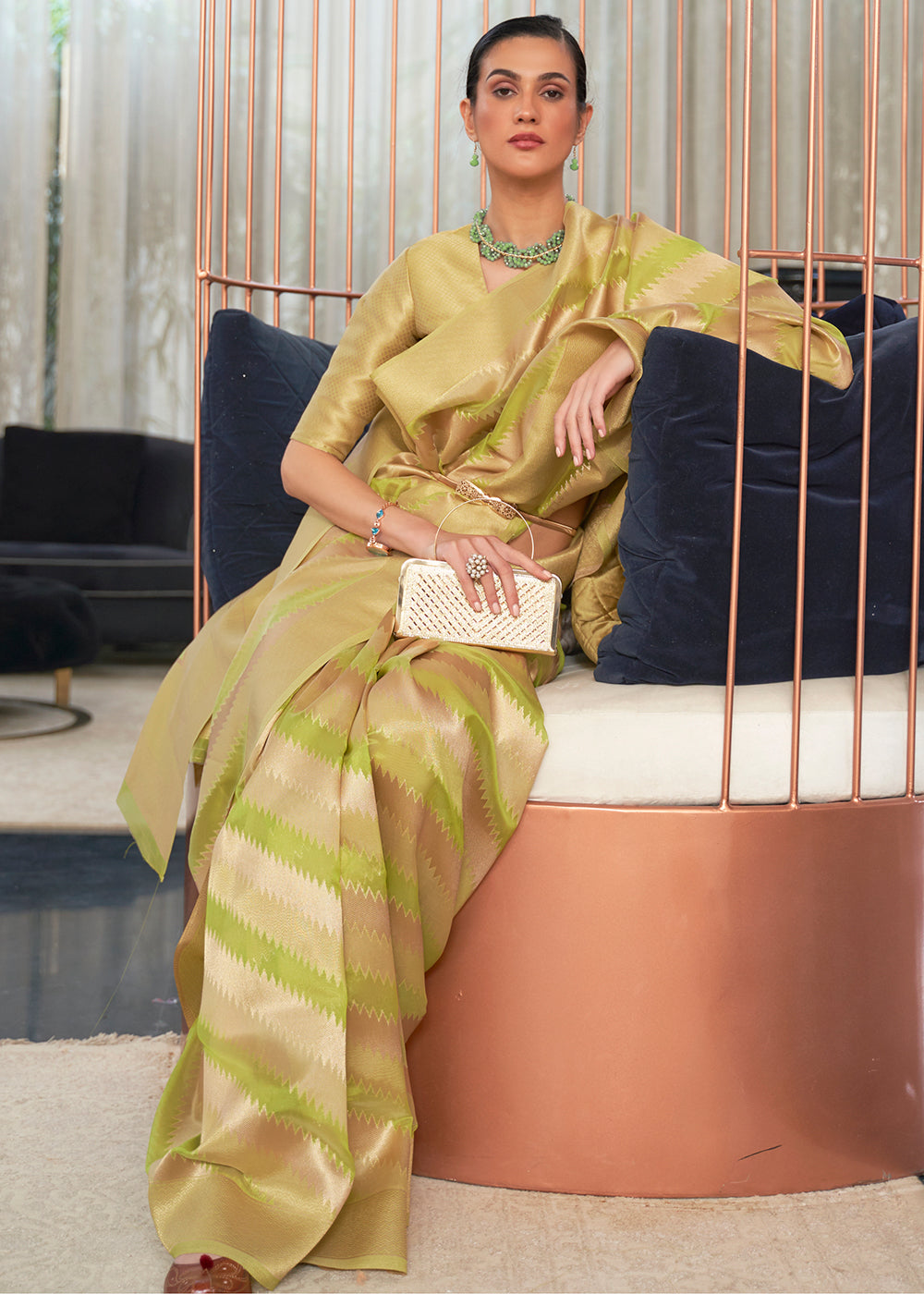 Green & Golden Woven Organza Silk Saree Clothsvilla
