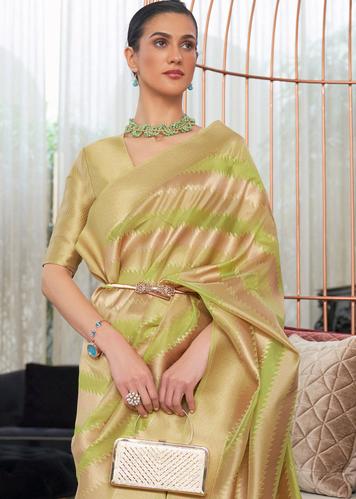 Green & Golden Woven Organza Silk Saree Clothsvilla