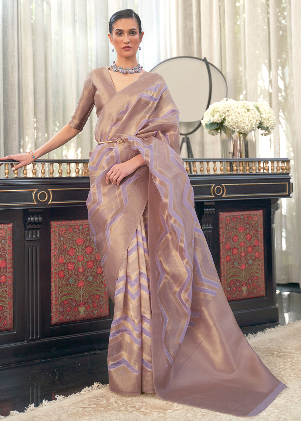 Moderate Purple Lehariya Handloom Weaving Organza Silk Saree Clothsvilla Main image