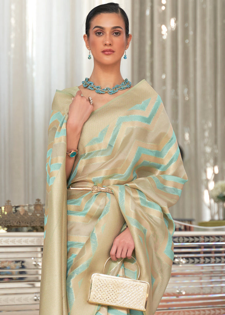 Blue & Golden Lehariya Handloom Weaving Organza Silk Saree Clothsvilla
