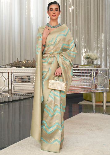 Blue & Golden Lehariya Handloom Weaving Organza Silk Saree Clothsvilla