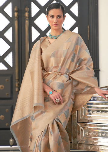 Golden Brown & Grey Lehariya Handloom Weaving Organza Silk Saree Clothsvilla
