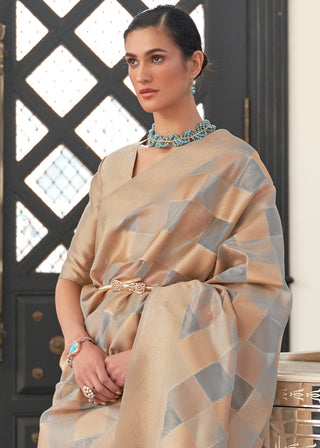 Golden Brown & Grey Lehariya Handloom Weaving Organza Silk Saree Clothsvilla