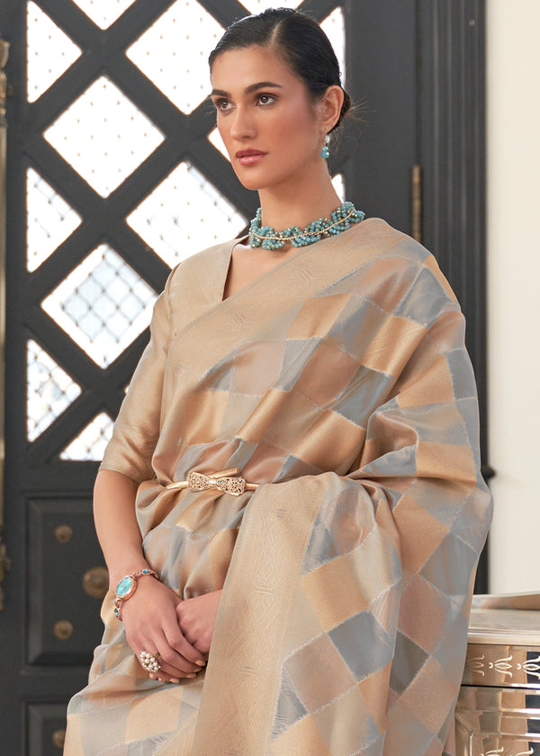 Golden Brown & Grey Lehariya Handloom Weaving Organza Silk Saree Clothsvilla