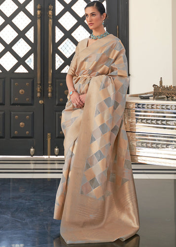 Golden Brown & Grey Lehariya Handloom Weaving Organza Silk Saree Clothsvilla