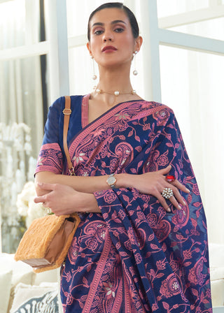 Navy Blue Lucknowi Chikankari Weaving Silk Saree Clothsvilla