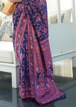 Navy Blue Lucknowi Chikankari Weaving Silk Saree Clothsvilla