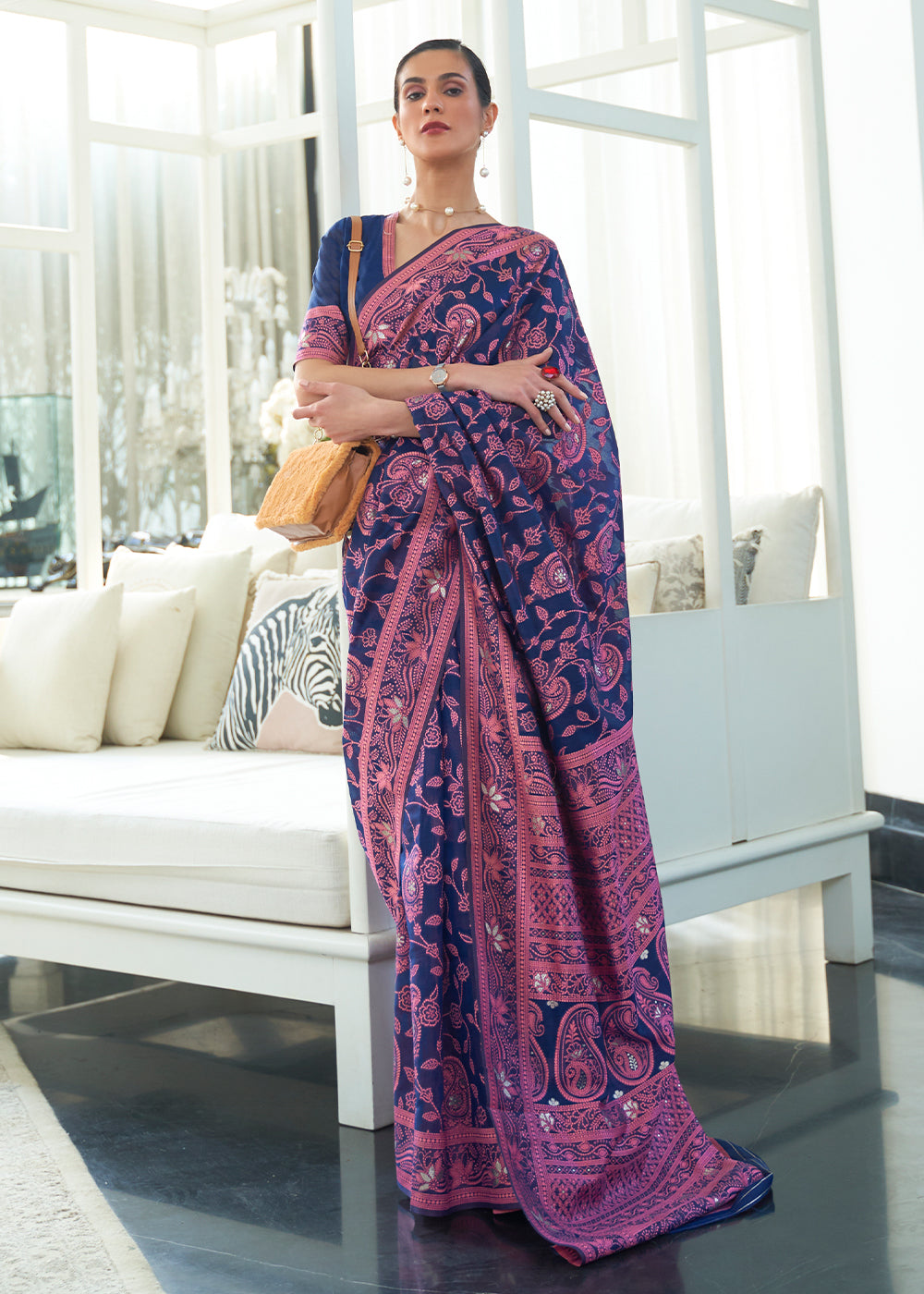 Navy Blue Lucknowi Chikankari Weaving Silk Saree Clothsvilla Main image