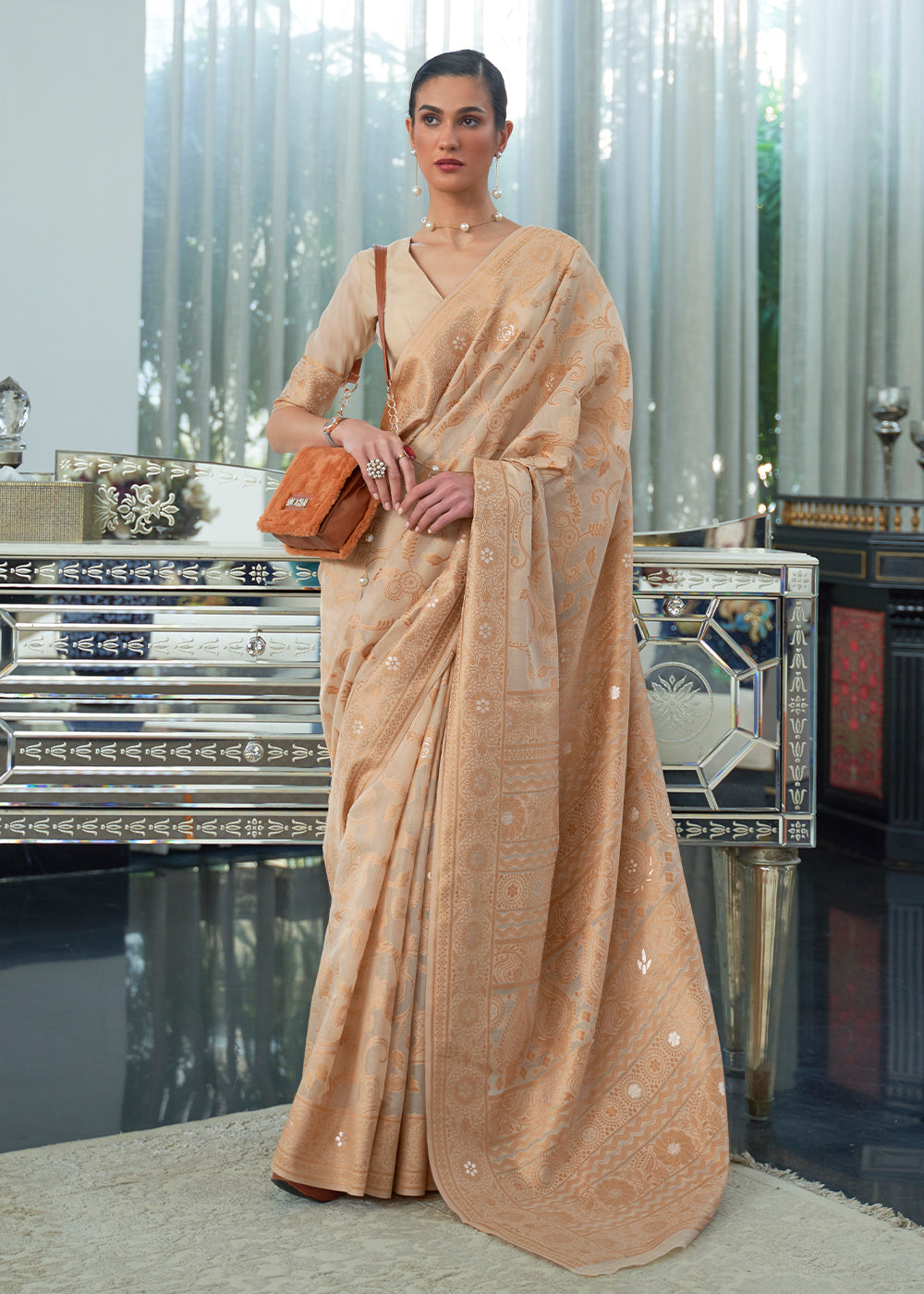 Shades Of Brown Lucknowi Chikankari Weaving Silk Saree Clothsvilla Main image