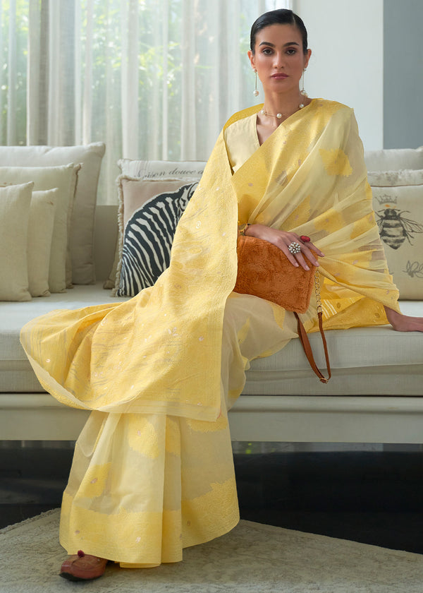 Shades Of Yellow Lucknowi Chikankari Weaving Silk Saree Clothsvilla