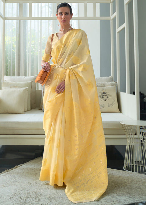 Shades Of Yellow Lucknowi Chikankari Weaving Silk Saree Clothsvilla Main image