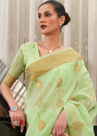 Kelly Green Copper Zari Woven Linen Silk Saree Clothsvilla