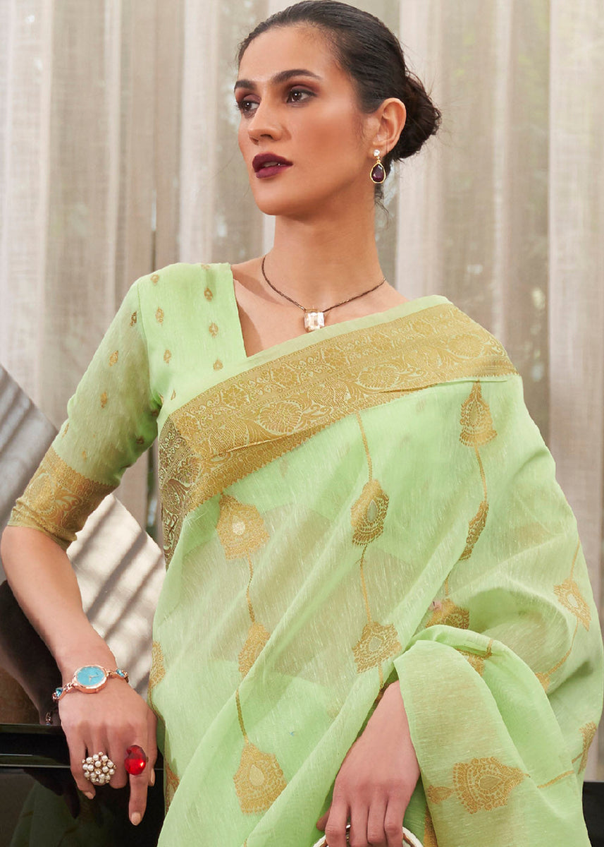 Pretty Firefly Green Copper Zari Weaving Linen Designer Saree