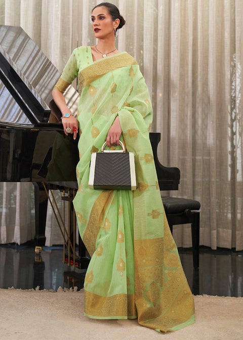 Kelly Green Copper Zari Woven Linen Silk Saree Clothsvilla Main image