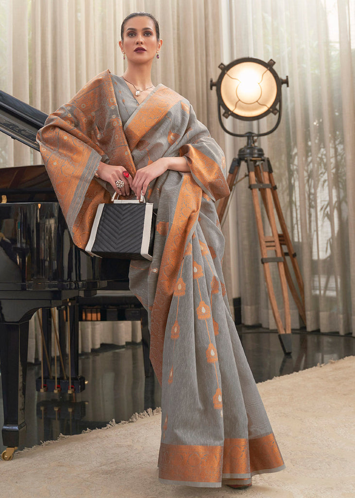 Seal Grey Copper Zari Woven Linen Silk Saree Clothsvilla