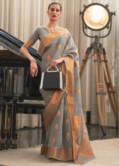 Seal Grey Copper Zari Woven Linen Silk Saree Clothsvilla Main image