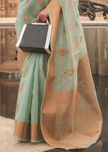 Load image into Gallery viewer, Emerald Green Copper Zari Woven Linen Silk Saree Clothsvilla