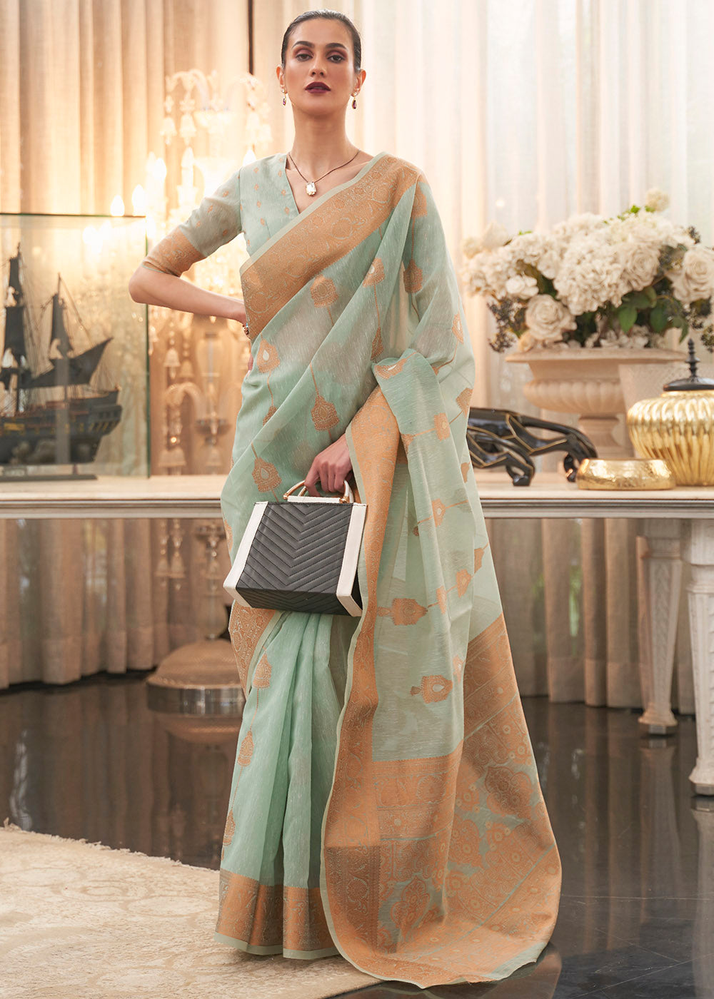 Emerald Green Copper Zari Woven Linen Silk Saree Clothsvilla Main image