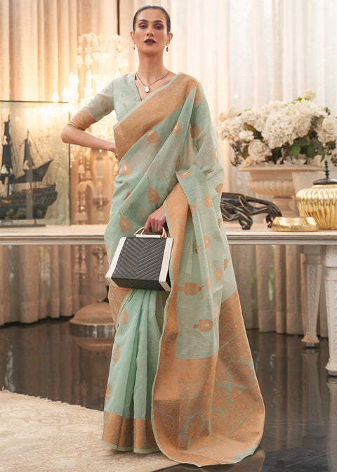 Emerald Green Copper Zari Woven Linen Silk Saree Clothsvilla Main image