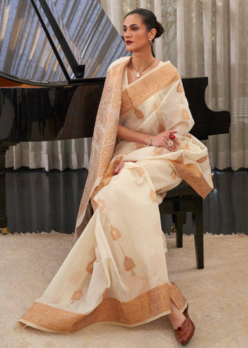 Ivory White Copper Zari Woven Linen Silk Saree Clothsvilla