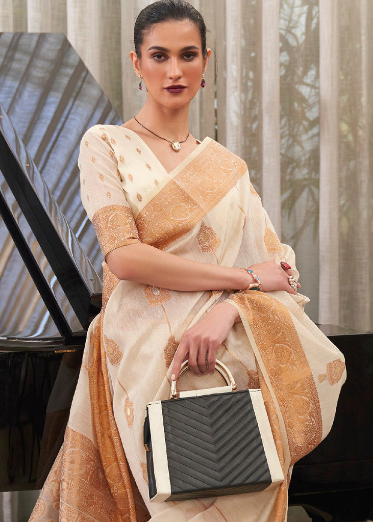 Ivory White Copper Zari Woven Linen Silk Saree Clothsvilla