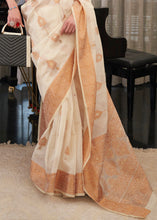 Load image into Gallery viewer, Ivory White Copper Zari Woven Linen Silk Saree Clothsvilla