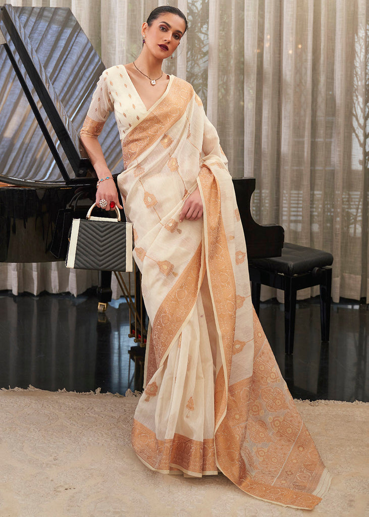 Ivory White Copper Zari Woven Linen Silk Saree Clothsvilla