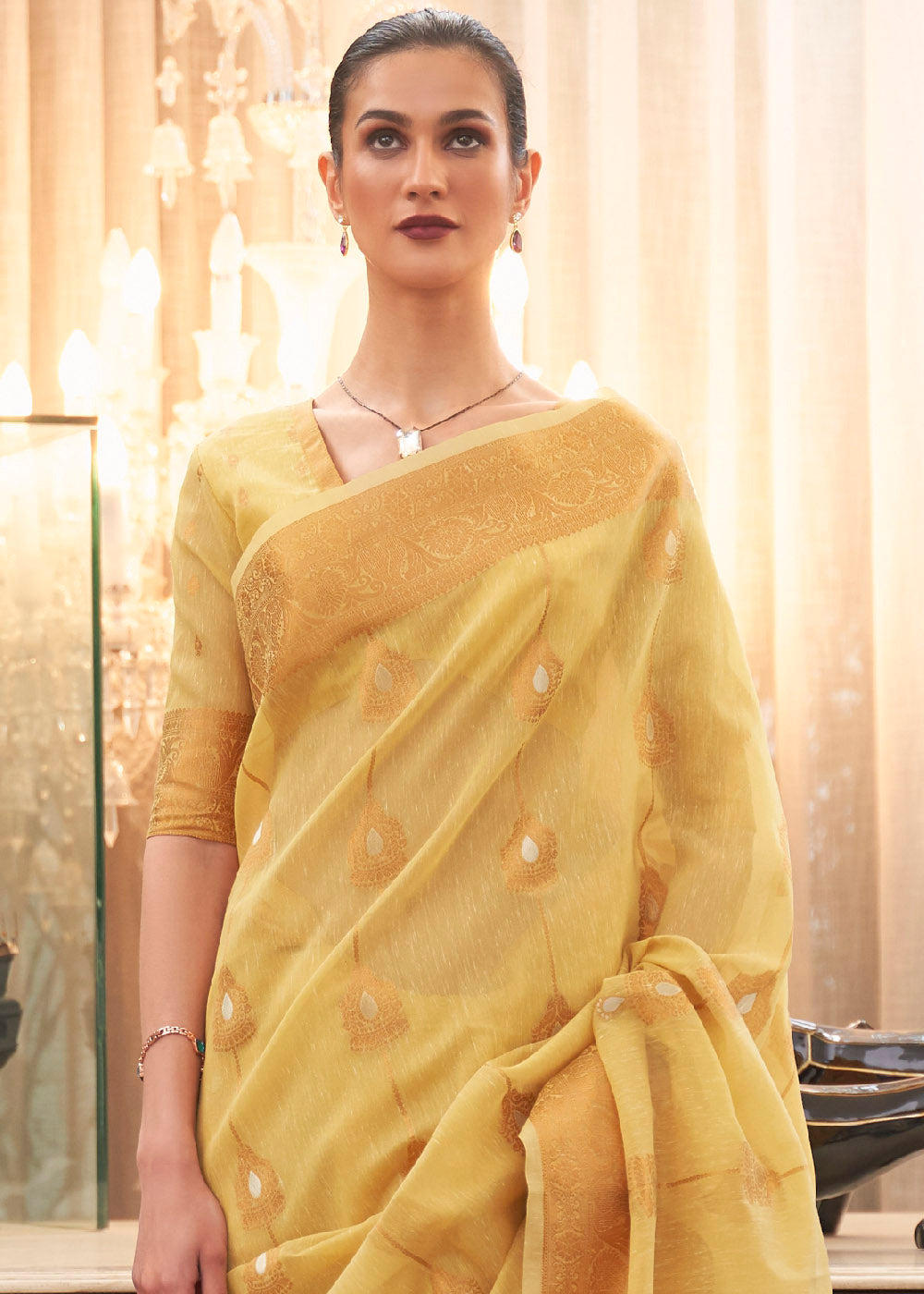Canary Yellow Copper Zari Woven Linen Silk Saree Clothsvilla