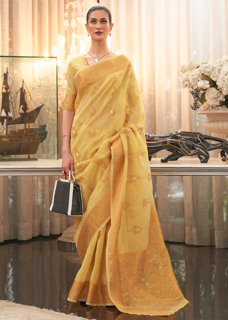 Canary Yellow Copper Zari Woven Linen Silk Saree Clothsvilla